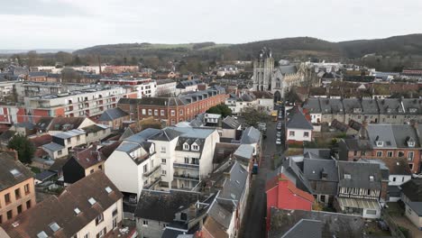 Aerial-Drone-View-Small-Town-Louviers,-Normandy,-France-on-a-Cloudy-Day