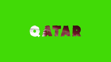 Letras-De-Animación-De-Texto-De-Movimiento-Del-País-De-Qatar-Con-Su-Bandera-Ondeante-Se-Mezclan-Como-Una-Textura---Fondo-De-Pantalla-Verde-Croma-Clave-Video-En-Bucle