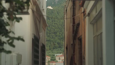 Mittelmeerwald,-Umrahmt-Von-Alten-Braunen-Und-Cremefarbenen-Gebäuden-Von-Leonidio,-Griechenland