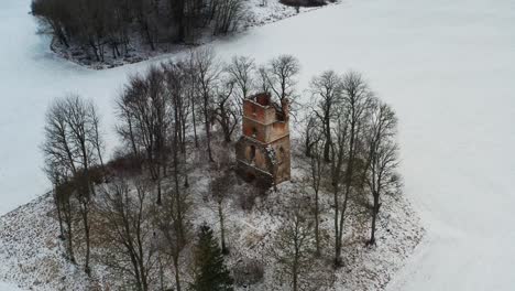 Aerial-view-of-old-church-tower-remains-among-trees-during-snowy-winter