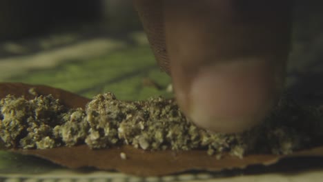 close-up-of-a-black-mans-finger-lining-up-the-ground-cannabis-bud-to-prepare-to-roll-a-blunt-of-marijuana