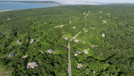 Drone-shot-of-State-Rd-passing-through-the-island-of-Martha's-Vineyard