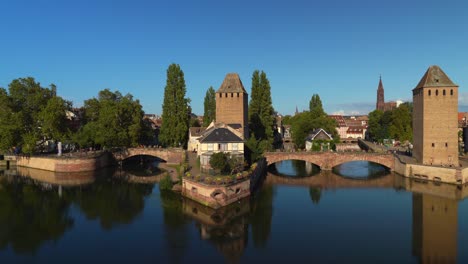 Panoramic-View-of-Ponts-Couverts-Towers-in-La-Petite-France-on-Cozy-Sunny-Evening
