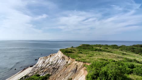 Drone-shot-of-the-Martha's-Vineyard-cliffs-looking-out-over-the-ocean