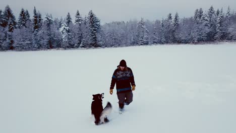 Alaskan-Malamute-Dog-And-His-Owner-Walking-In-Snowy-Landscape---Wide-Shot