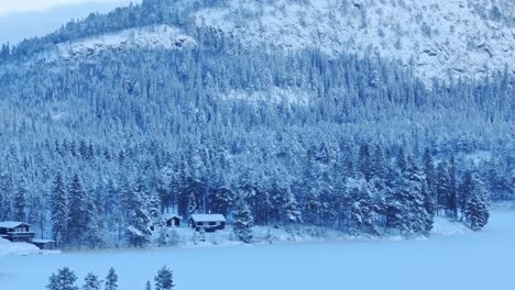 Snowy-Landscape-With-Cabins-In-Lush-Coniferous-Forest-At-Winter---Panning-Shot
