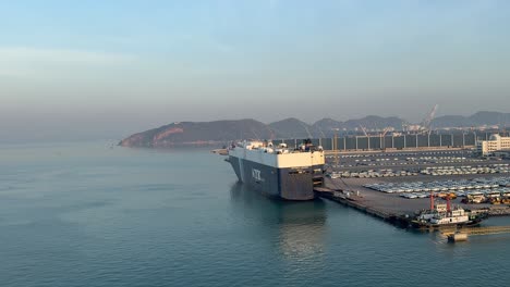 Cargo-ship-docking-at-a-designated-area-in-the-Port-of-Laem-Chabang,-Pattaya,-Thailand