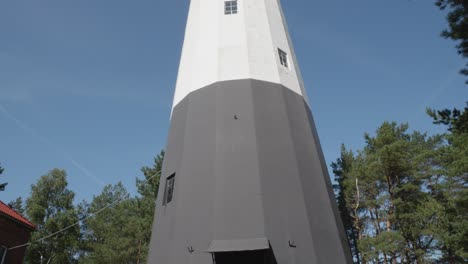 Stilo-Lighthouse-in-Pomeranian-Voivodeship-against-blue-sky,-Poland---Tilt-up