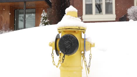 Nahaufnahme-Eines-Hydranten-In-Toronto-Draußen-Mit-Atemberaubenden-Schneeflocken,-Die-Im-Hintergrund-Fallen