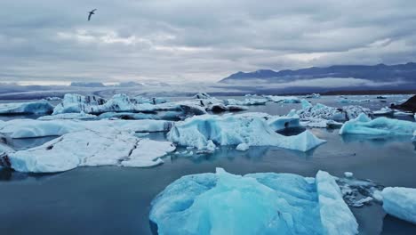 Forward-drone-shot-of-melting-glacier-in-to-iceberg-at-Jökulsárlón-Iceland-in-summer