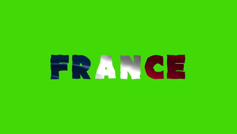 Frankreich-Land-Wackelt-Mit-Textanimationsschriftzügen-Und-Ihrer-Wehenden-Flagge-Als-Textur-–-Grüner-Hintergrund,-Chroma-Key-Loop-Video