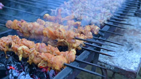 Cocinar-Pollo-Y-Carne-En-Una-Barbacoa-A-Fuego-Abierto