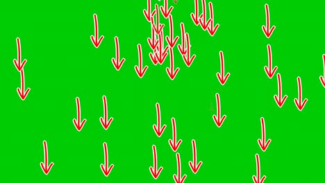 Animación-Del-Símbolo-De-La-Flecha-De-Lluvia-En-Pantalla-Verde,-Flecha-De-Dibujos-Animados-De-Color-Rojo-Dibujada-A-Mano-Moviéndose-Hacia-Abajo