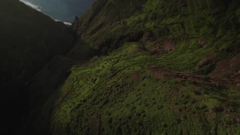 Aerial-drone-shot-of-a-scenic-coastal-green-Cliff-View-at-Sunset-with-Ocean-Sparkle-and-rain-clouds