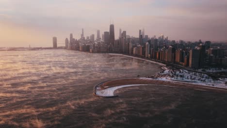 Chicago-Polar-vortex-aerial-view-with-steamy-lake-Michigan