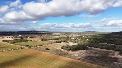Weitwinkelaufnahme-Der-Drohne,-Die-Landwirtschaftliche-Felder-Der-Insel-Mallorca-An-Einem-Sonnigen-Tag-Mit-Wolken-Am-Himmel-Zeigt