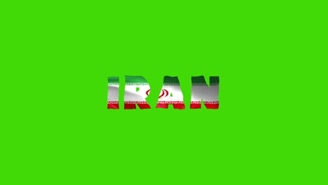 Las-Letras-De-Animación-De-Texto-De-Movimiento-Del-País-De-Irán-Con-Su-Bandera-Ondeante-Se-Mezclan-Como-Una-Textura---Fondo-De-Pantalla-Verde,-Video-En-Bucle-Con-Clave-Cromática