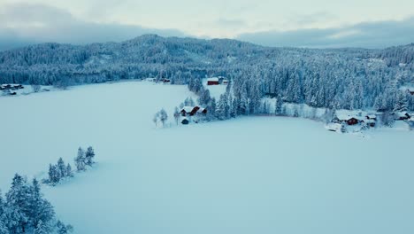 Verschneiter-Wald-Mit-Norwegischen-Hütten-Am-Zugefrorenen-See-Im-Winter