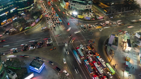 Gridlocked-Night-Traffic-at-Gangnam-Station-Crossroad---Zoom-Out-Time-Lapse