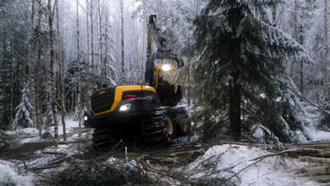 Deforestation-heavy-machinery-North-European-snowy-winter-forest:-Forward-view