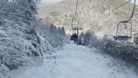Young-male-ride-ski-lift-winter-snow-covered-forest-sunny-day