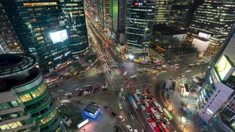 Gangnam-Station-Crossroads-Night-Traffic-Time-Lapse-Wide-Top-Down-View