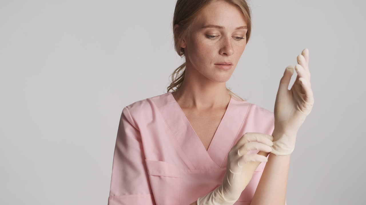 Free stock video - Caucasian female doctor wearing medical gloves.