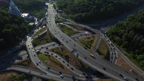 Aerial-view-of-cars-on-overpass-freeway-in-city
