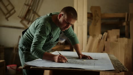 Fokussierter-Mann,-Der-Zeichnungen-Für-Holzprodukte-Im-Innenbereich-Anfertigt