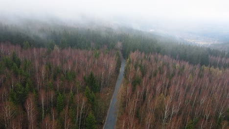 Aerial-Drone-Flying-Through-White-Rainy-Fog-To-Show-Mountain-Road