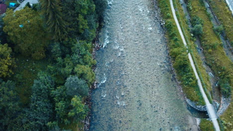 Aerial-top-view-of-a-Bavarian-cascading-river,-Germany
