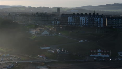 Establishing-Drone-Shot-of-Saltburn-by-the-Sea-Houses-and-Marine-Parade