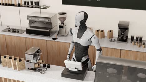 Humanoider-Prototyp-Roboter,-Der-In-Einer-Café-Bar-Arbeitet-Und-Frühstück-Zubereitet,-Künstliche-Intelligenz-übernimmt-Das-Konzept-Repetitiver-Arbeitsaufgaben,-3D-Rendering-Animation