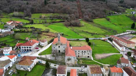 Aerial-panoramic-of-Santa-Maria-de-Xunqueira-in-Ribeira-Sacra,-spain