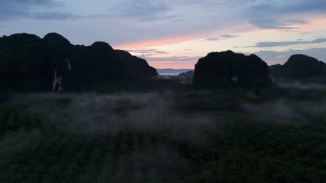 Beautiful-Early-Morning-Sunrise-with-Mist-and-Limestone-Karst-Towers-in-Krabi-over-Agriculture-Palm-Tree-Plantation