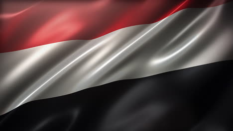 The-State-Flag-of-Republic-of-Yemen,-high-angle,-perspective-view,-cinematic-look-and-feel,-glossy,-slow-motion-wavering,-elegant-silky-texture-waving