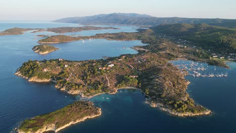 Halkidiki-Coastline,-Islands-and-Nature-Landscape-in-Sithonia,-Greece---Aerial-4k