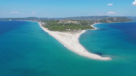 Possidi-Beach-in-Kassandra,-Halkidiki,-Greece---Aerial-View-of-Long-Sandy-Beach