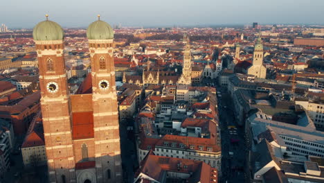 Drone-aerial-shot-of-church-cathedral-city-tower-buildings-travel-tourism-architecture-Frauenkirche-Munich-Bavaria-Germany-Europe