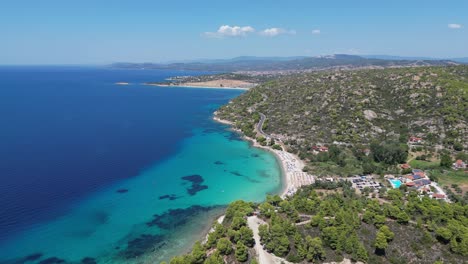 Halkidiki-Coast-and-Beach-Resort-Hotel-in-Kassandra,-Greece---Aerial-4k