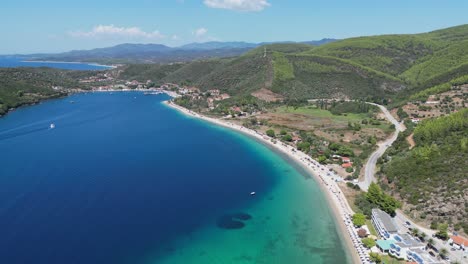 Porto-Koufo-Beach-and-Scenic-Coastline-in-Sithonia,-Halkidiki,-Greece---Aerial-4k
