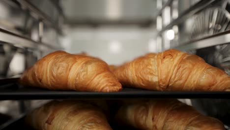 Freshly-baked-croissants-on-metallic-shelves,-close-up,-elevator-shot