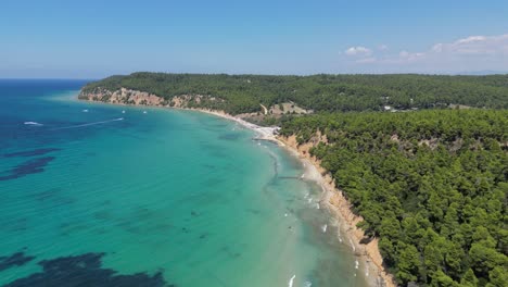 Halkidiki-Coast,-Beaches-and-Scenic-Nature-in-Kassandra,-Greece---Aerial-4k