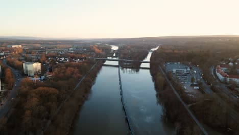 Drone-Video-of-Main-Danube-canal-in-Bamberg-during-sunset