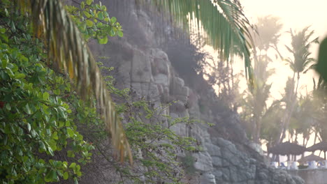 Close-up-tropical-beach-foliage-and-landscape-with-a-rugged-cliff-rock-wall-and-various-palm-trees-on-the-sandy-coast