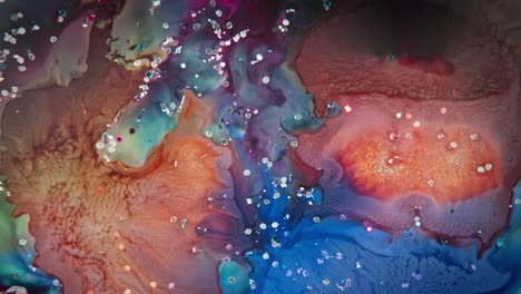 Vivid-ink-patterns-in-water-with-glittering-particles,-creating-an-abstract-artistic-backdrop-in-warm-and-cool-tones