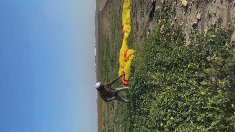 Vertical-format:-Paraglider-pilot-arranges-yellow-canopy-on-ground