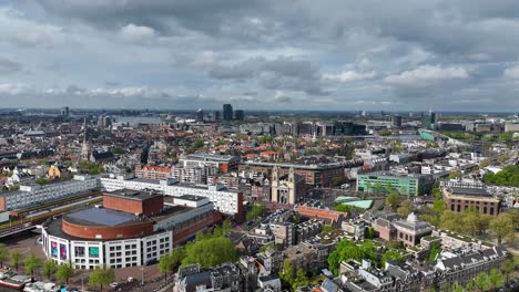 Die-Drohne-Fliegt-über-Dem-Stadtzentrum-Im-Osten-Und-Blickt-Nach-Norden.-Sie-Bietet-Einen-Überblick-über-Die-Stadt-In-Amsterdam,-Niederlande,-Luftaufnahmen-In-4K