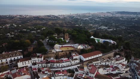 Township-of-Mijas-with-white-architecture,-aerial-drone-view