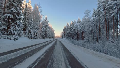 Winter-Fahren-POV-Schneebedeckt-Finnland-Ländliche-Landschaft-ängstlich-Pendeln